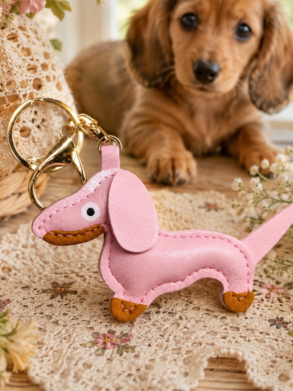 Pink Dachshund Dog Keychain Bag Charm